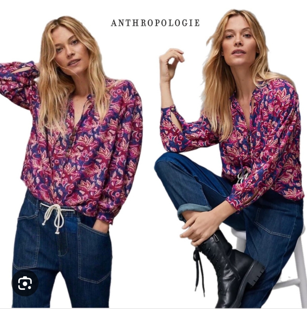 Anthropologie Lucille Floral Peasant Blouse - Purple and Pink